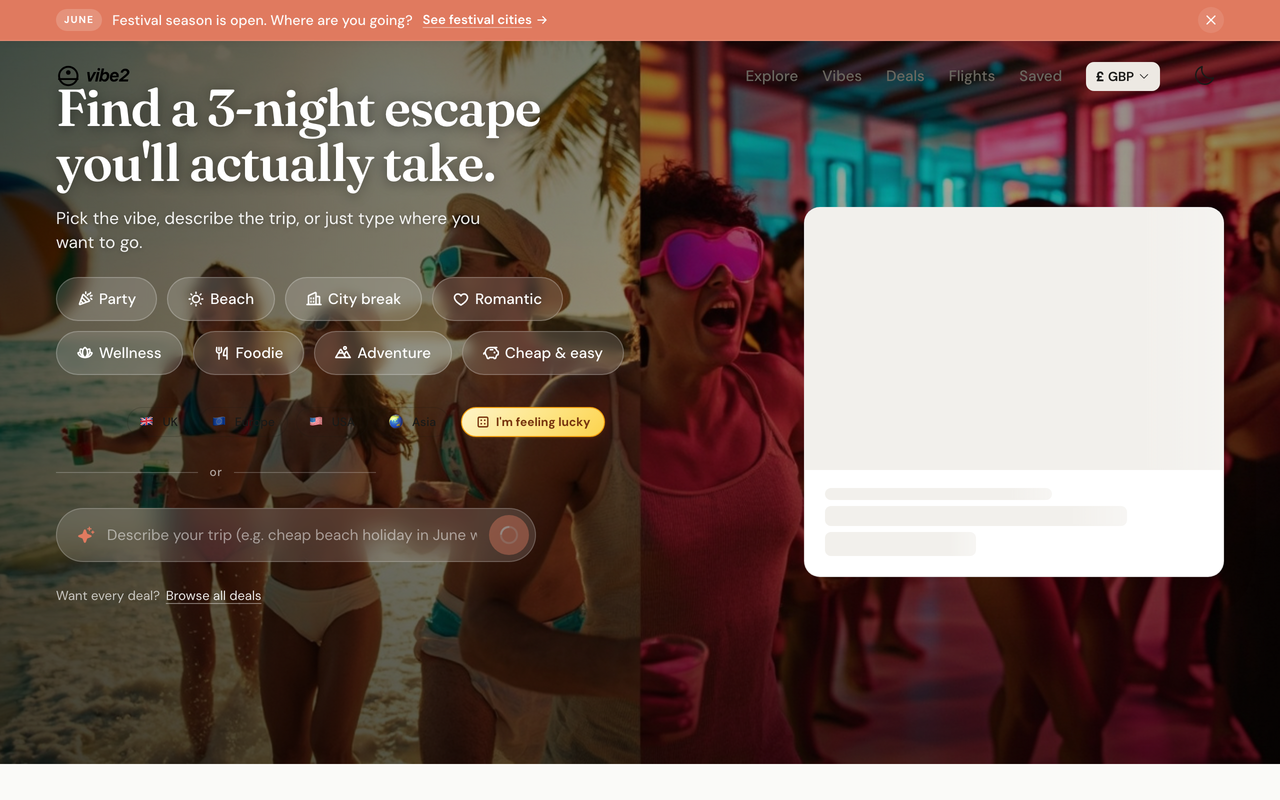 Vibe2 - AI-powered travel discovery for short breaks